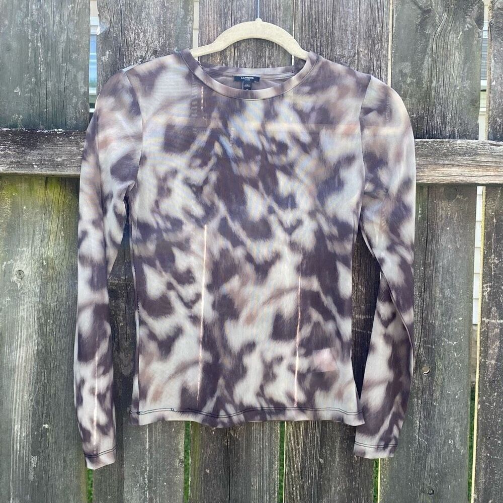 Express Womens XS Sheer Mesh Long Sleeve Top Abstract Tie Dye Brown Tan Grey NWT